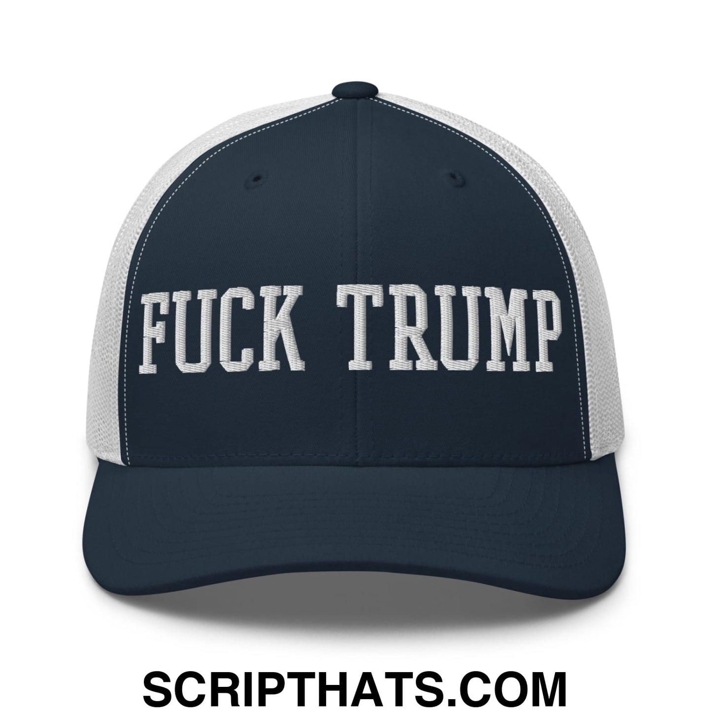 Fuck Trump Embroidered Mesh Trucker Hat Navy White