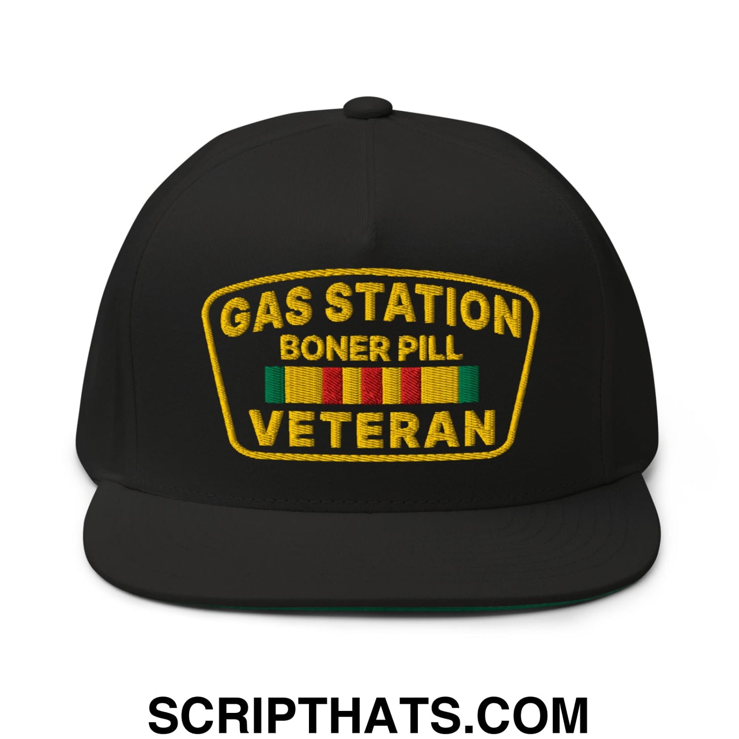 Gas Station Boner Pill Veteran Embroidered Flat Bill Brim 5 Panel Snapback Hat Default Title