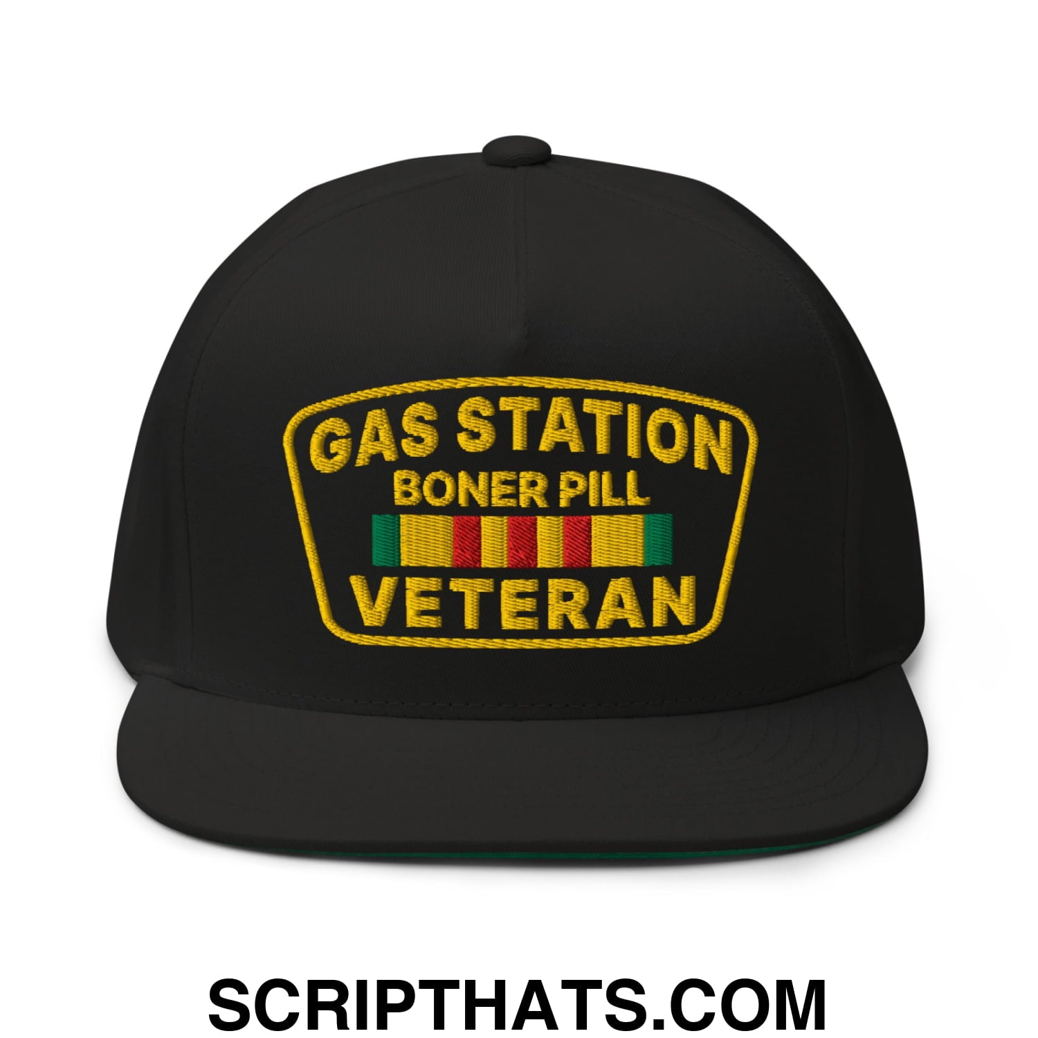 Gas Station Boner Pill Veteran Embroidered Flat Bill Brim 5 Panel Snapback Hat Default Title