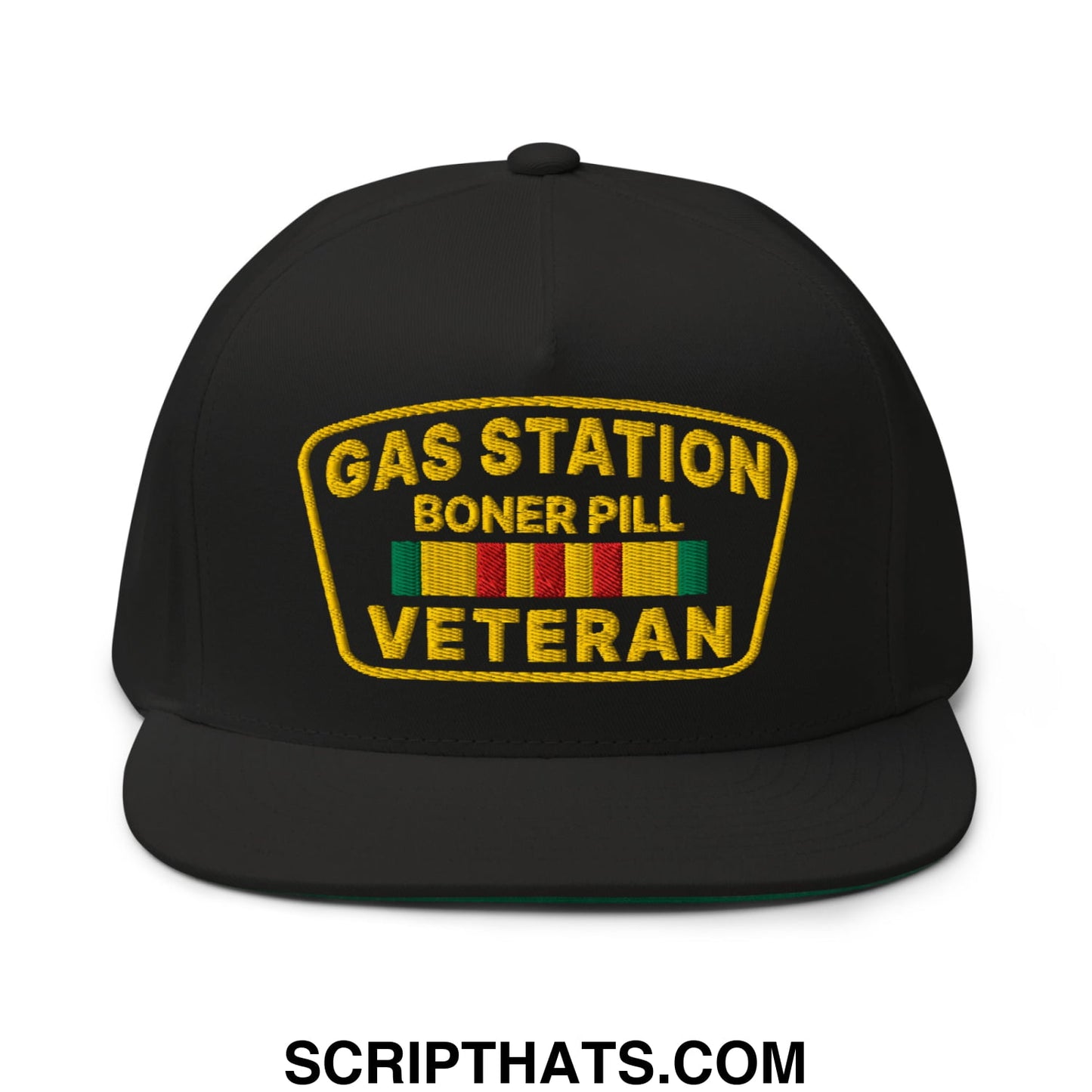 Gas Station Boner Pill Veteran Embroidered Flat Bill Brim 5 Panel Snapback Hat Default Title