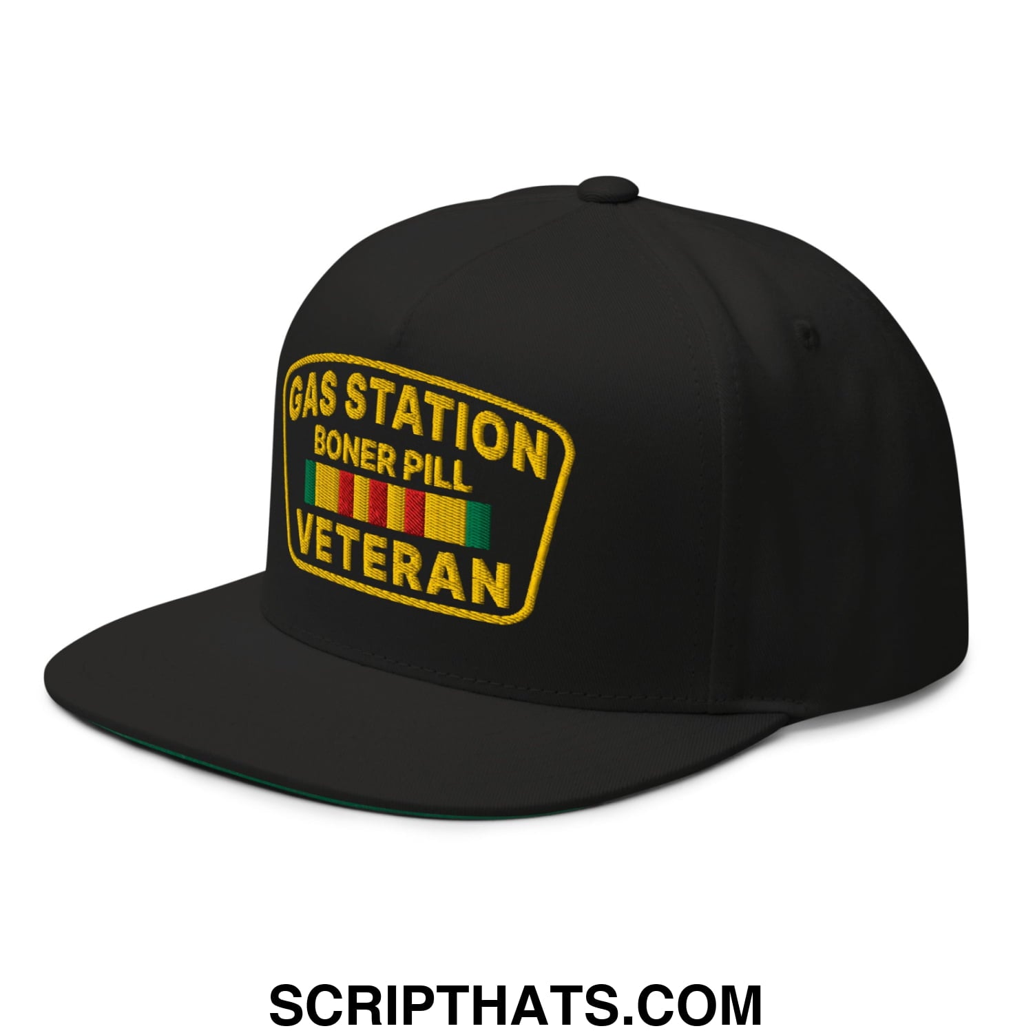 Gas Station Boner Pill Veteran Embroidered Flat Bill Brim 5 Panel Snapback Hat Default Title