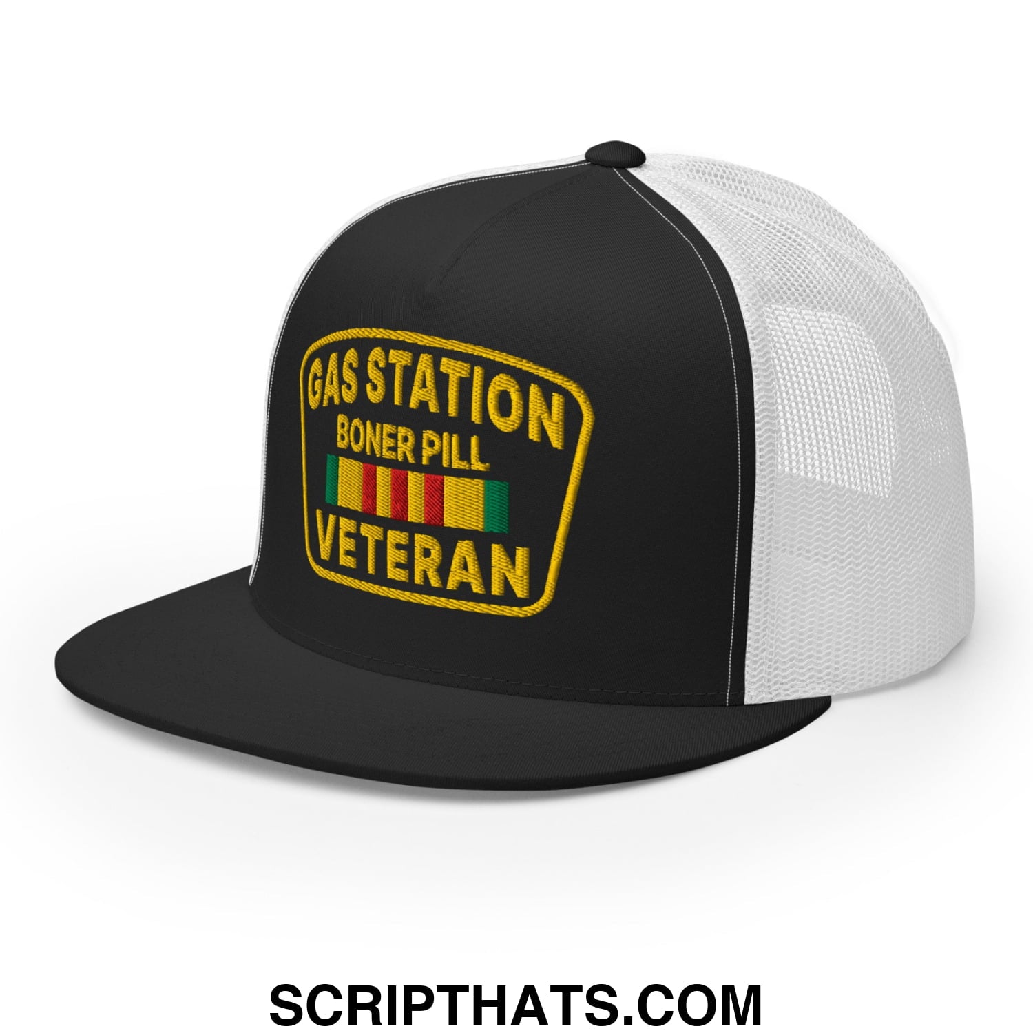 Gas Station Boner Pill Veteran Embroidered Flat Bill Brim Mesh Trucker Hat Black White