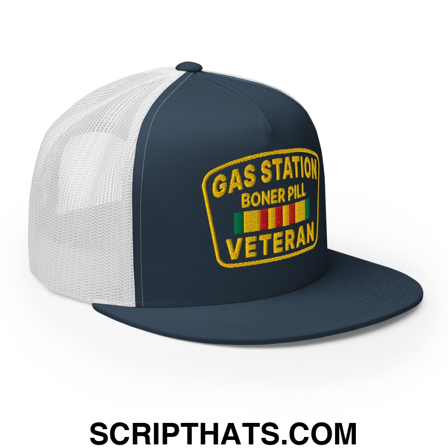 Gas Station Boner Pill Veteran Embroidered Flat Bill Brim Mesh Trucker Hat Navy White