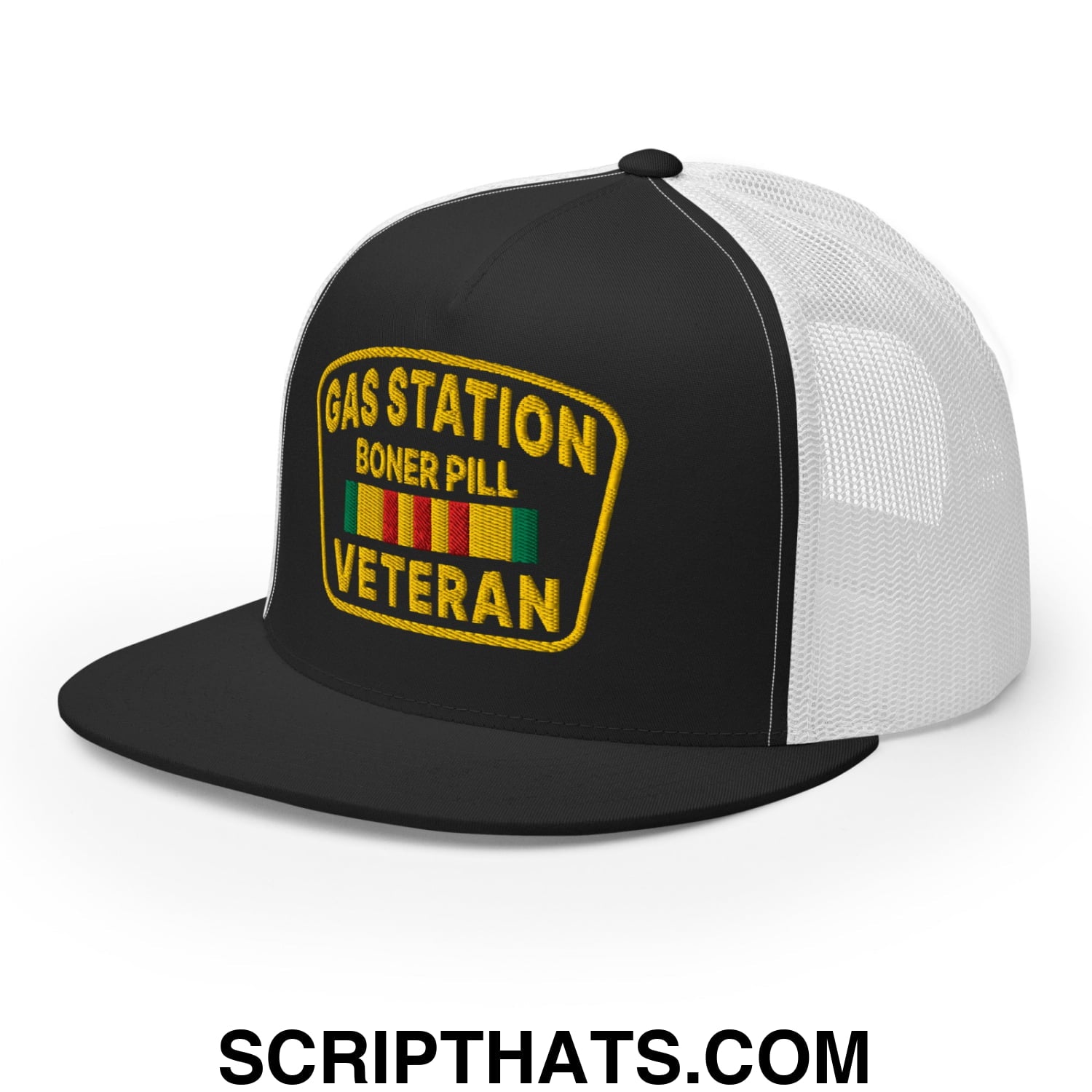 Gas Station Boner Pill Veteran Embroidered Flat Bill Brim Mesh Trucker Hat Black White
