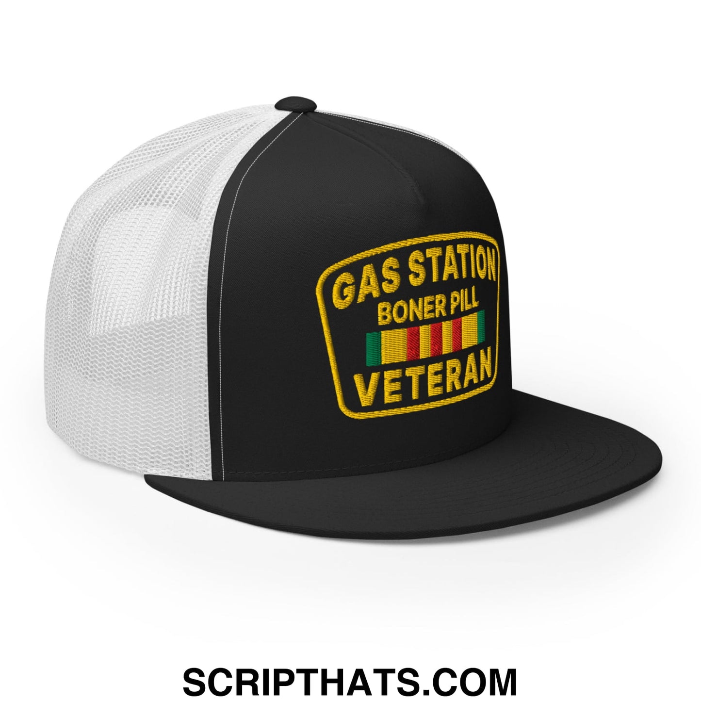 Gas Station Boner Pill Veteran Embroidered Flat Bill Brim Mesh Trucker Hat Black White