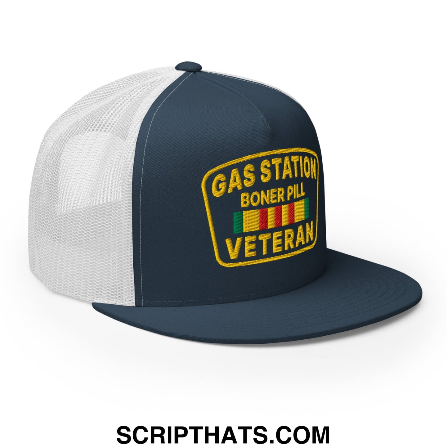 Gas Station Boner Pill Veteran Embroidered Flat Bill Brim Mesh Trucker Hat Navy White