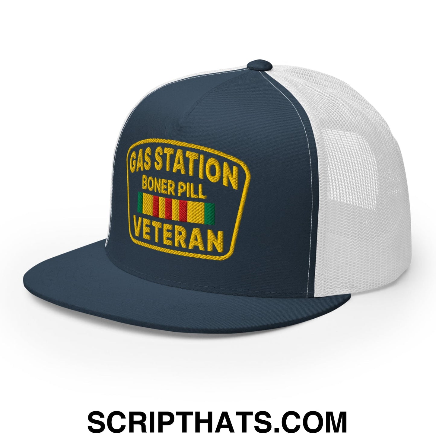 Gas Station Boner Pill Veteran Embroidered Flat Bill Brim Mesh Trucker Hat Navy White