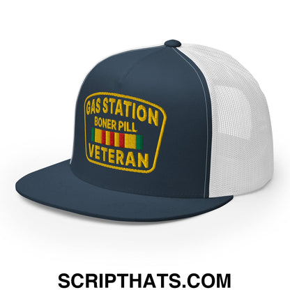 Gas Station Boner Pill Veteran Embroidered Flat Bill Brim Mesh Trucker Hat Navy White