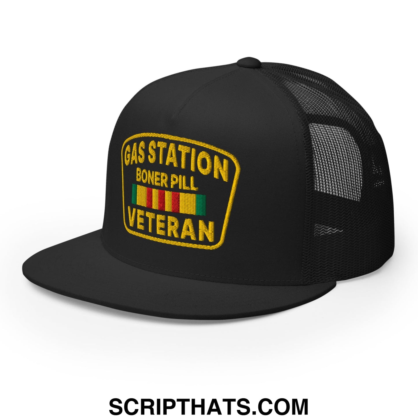Gas Station Boner Pill Veteran Embroidered Flat Bill Brim Mesh Trucker Hat Black