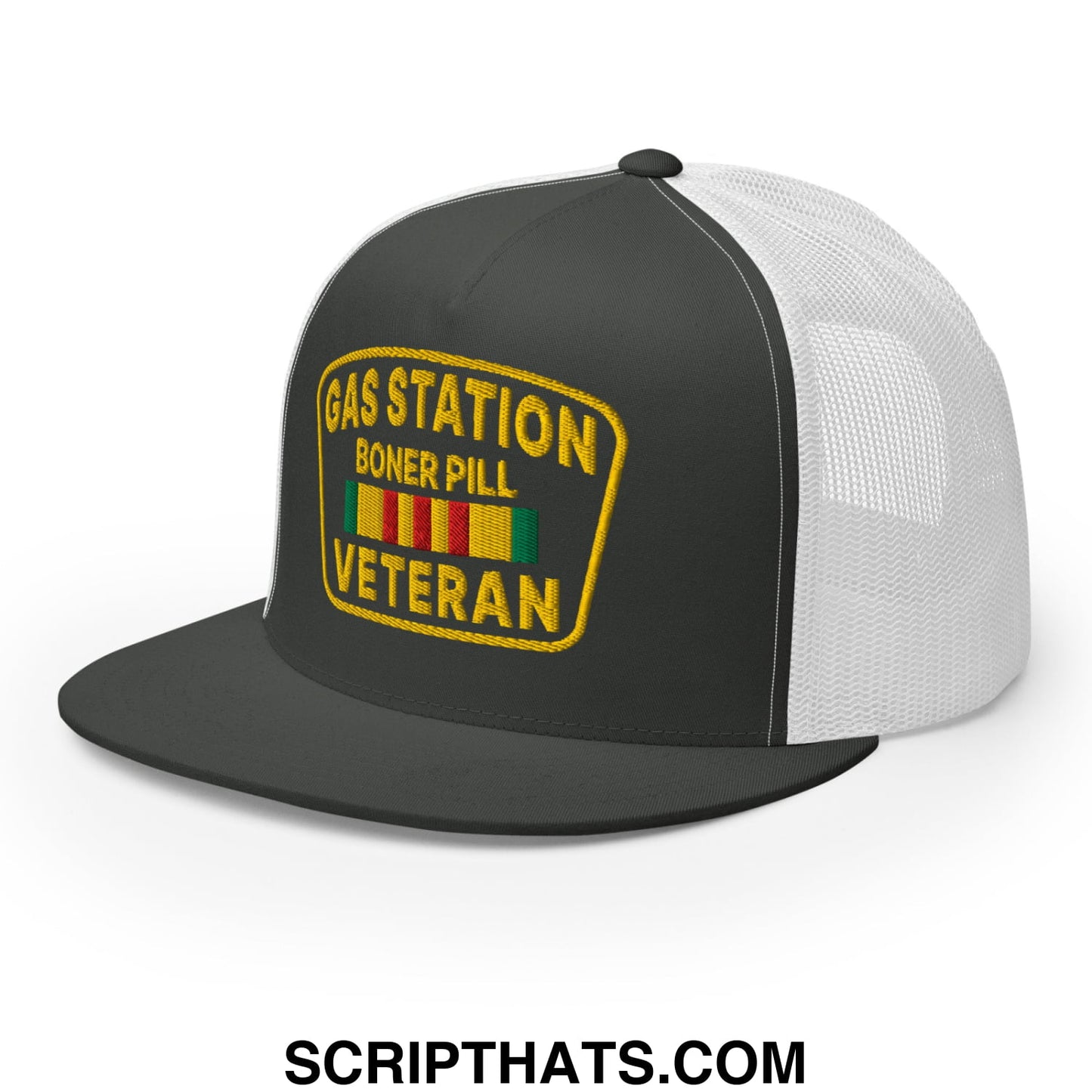 Gas Station Boner Pill Veteran Embroidered Flat Bill Brim Mesh Trucker Hat Charcoal White