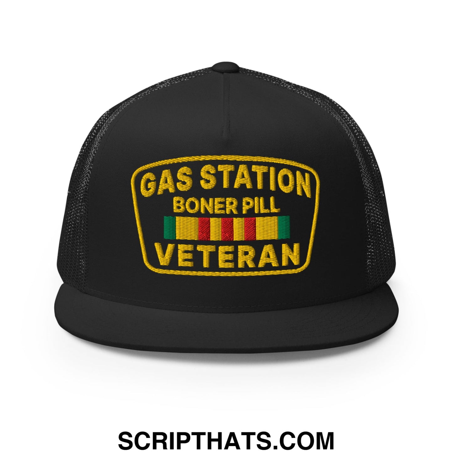 Gas Station Boner Pill Veteran Embroidered Flat Bill Brim Mesh Trucker Hat Black