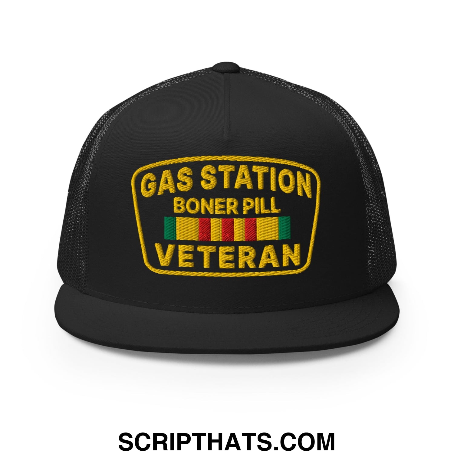 Gas Station Boner Pill Veteran Embroidered Flat Bill Brim Mesh Trucker Hat Black