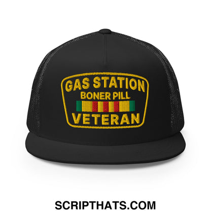 Gas Station Boner Pill Veteran Embroidered Flat Bill Brim Mesh Trucker Hat Black