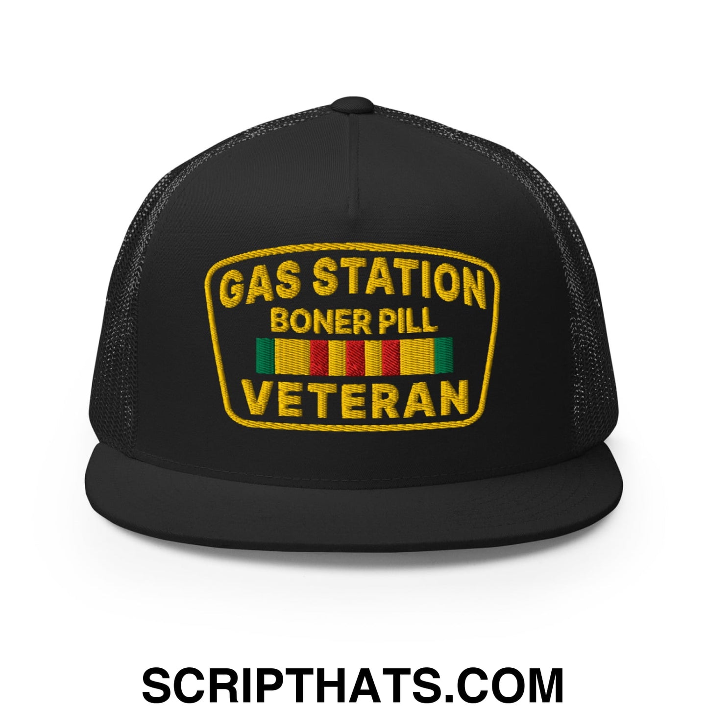 Gas Station Boner Pill Veteran Embroidered Flat Bill Brim Mesh Trucker Hat Black