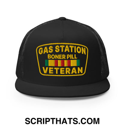 Gas Station Boner Pill Veteran Embroidered Flat Bill Brim Mesh Trucker Hat Black