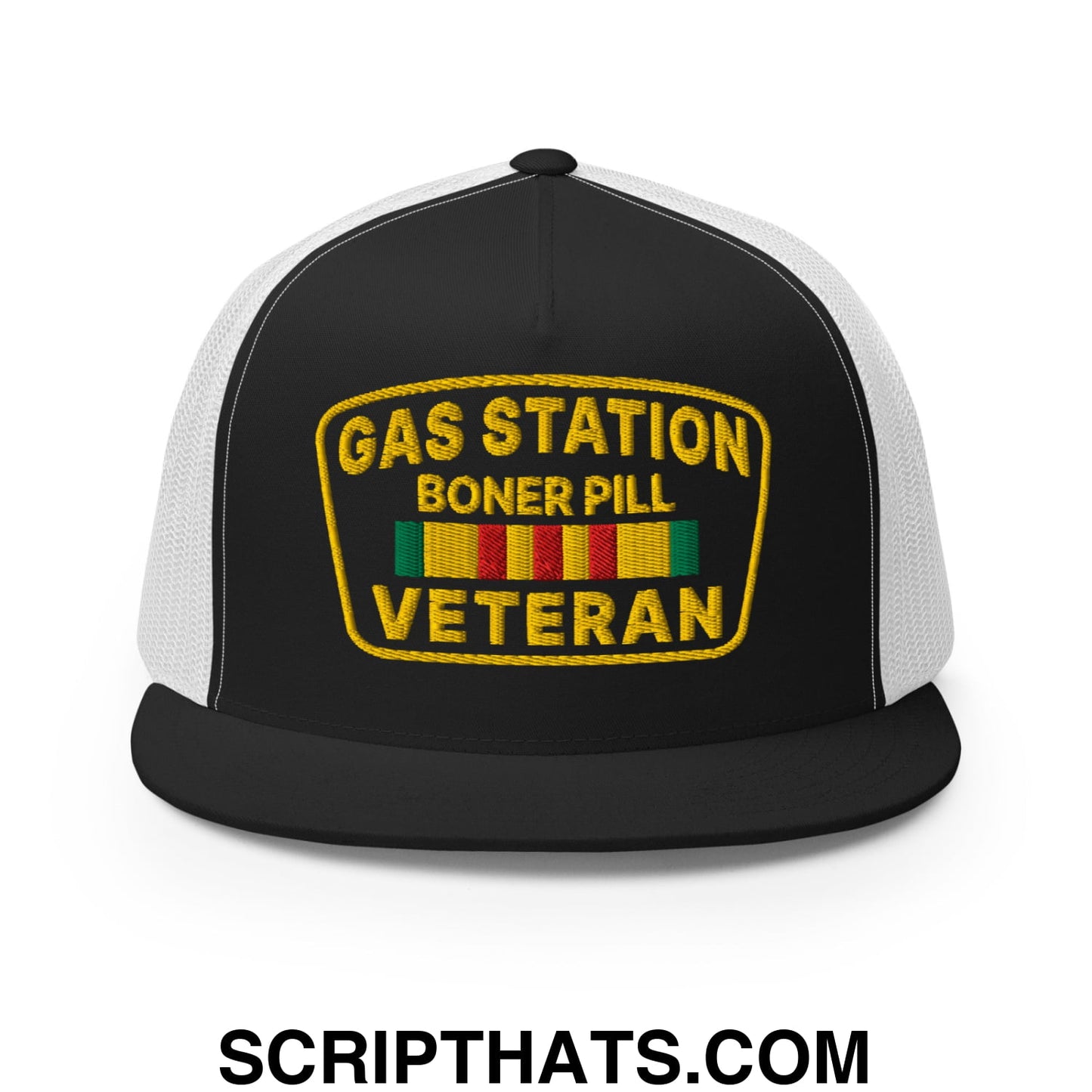 Gas Station Boner Pill Veteran Embroidered Flat Bill Brim Mesh Trucker Hat Black White