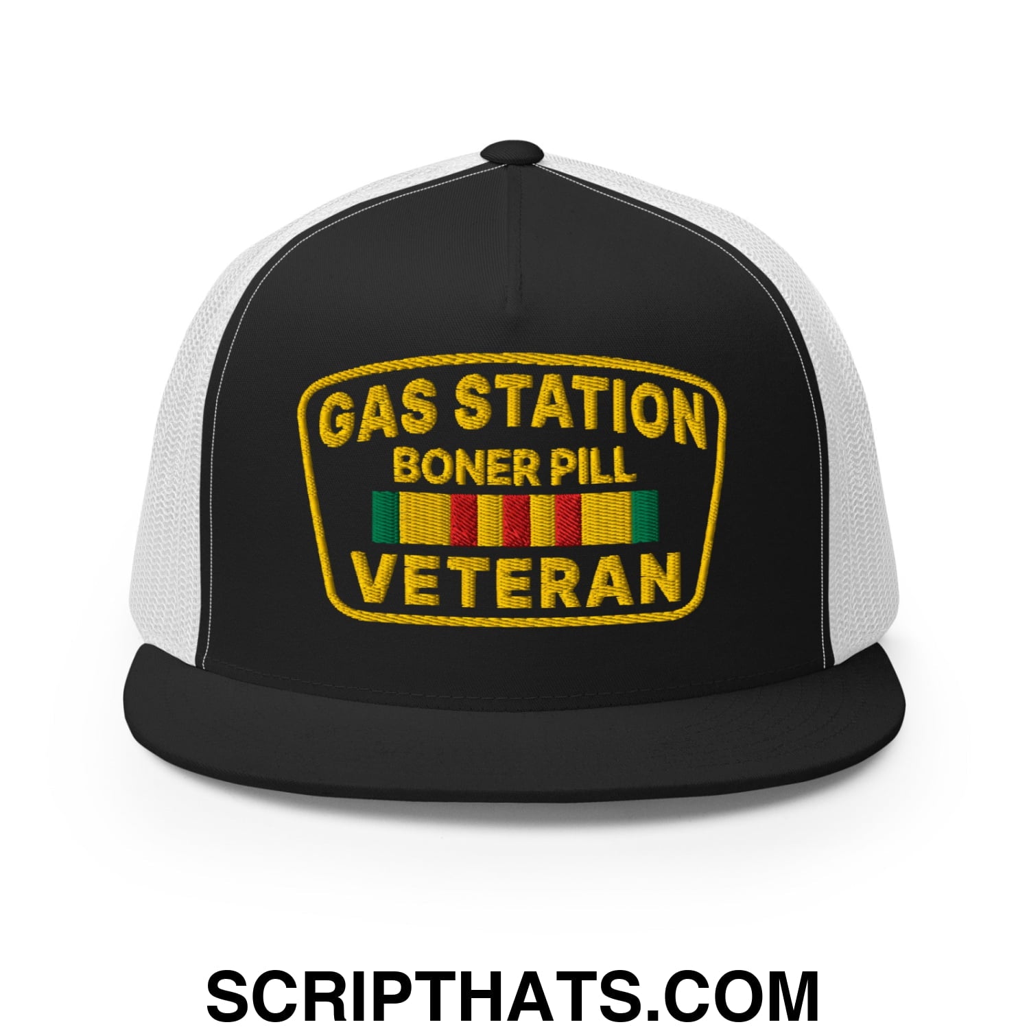 Gas Station Boner Pill Veteran Embroidered Flat Bill Brim Mesh Trucker Hat Black White