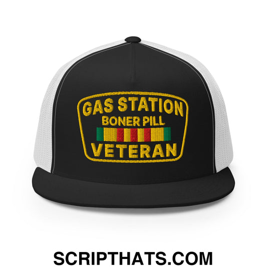 Gas Station Boner Pill Veteran Embroidered Flat Bill Brim Mesh Trucker Hat Black White