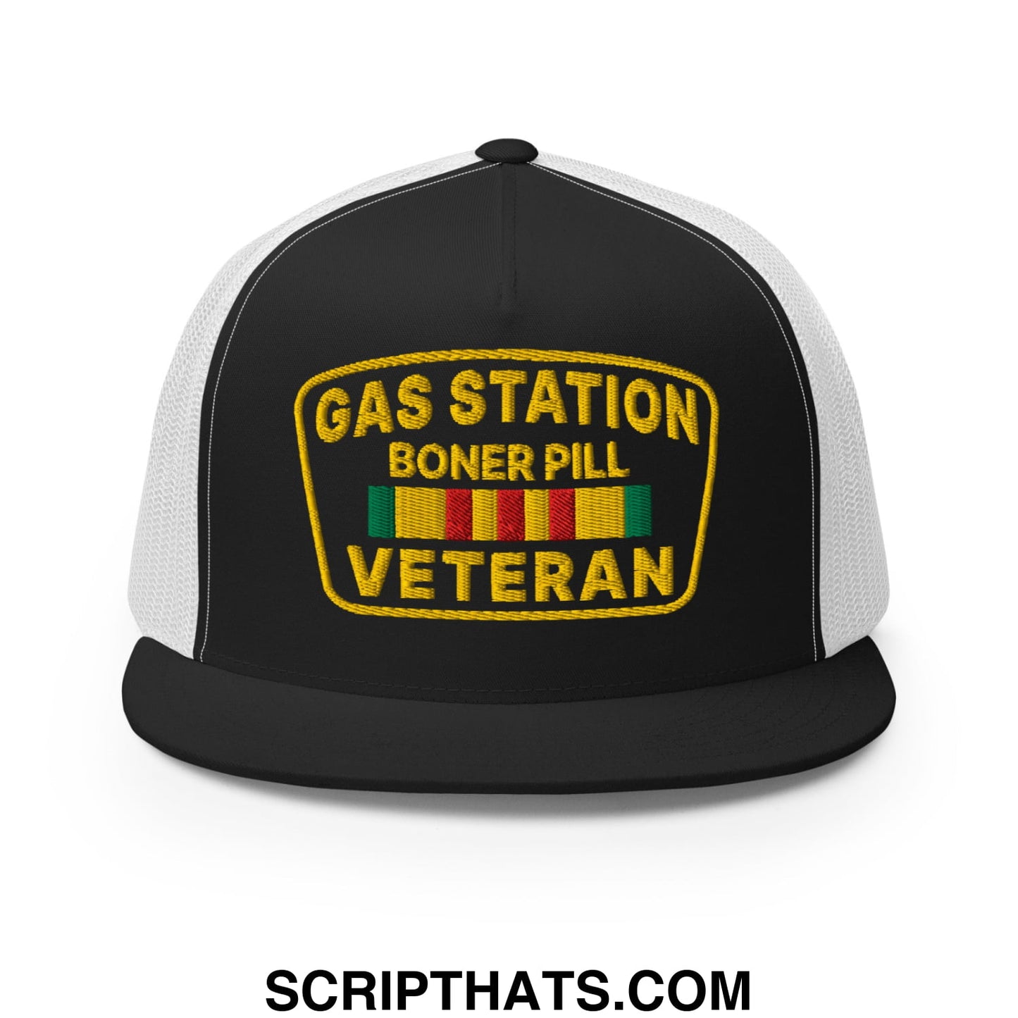 Gas Station Boner Pill Veteran Embroidered Flat Bill Brim Mesh Trucker Hat Black White
