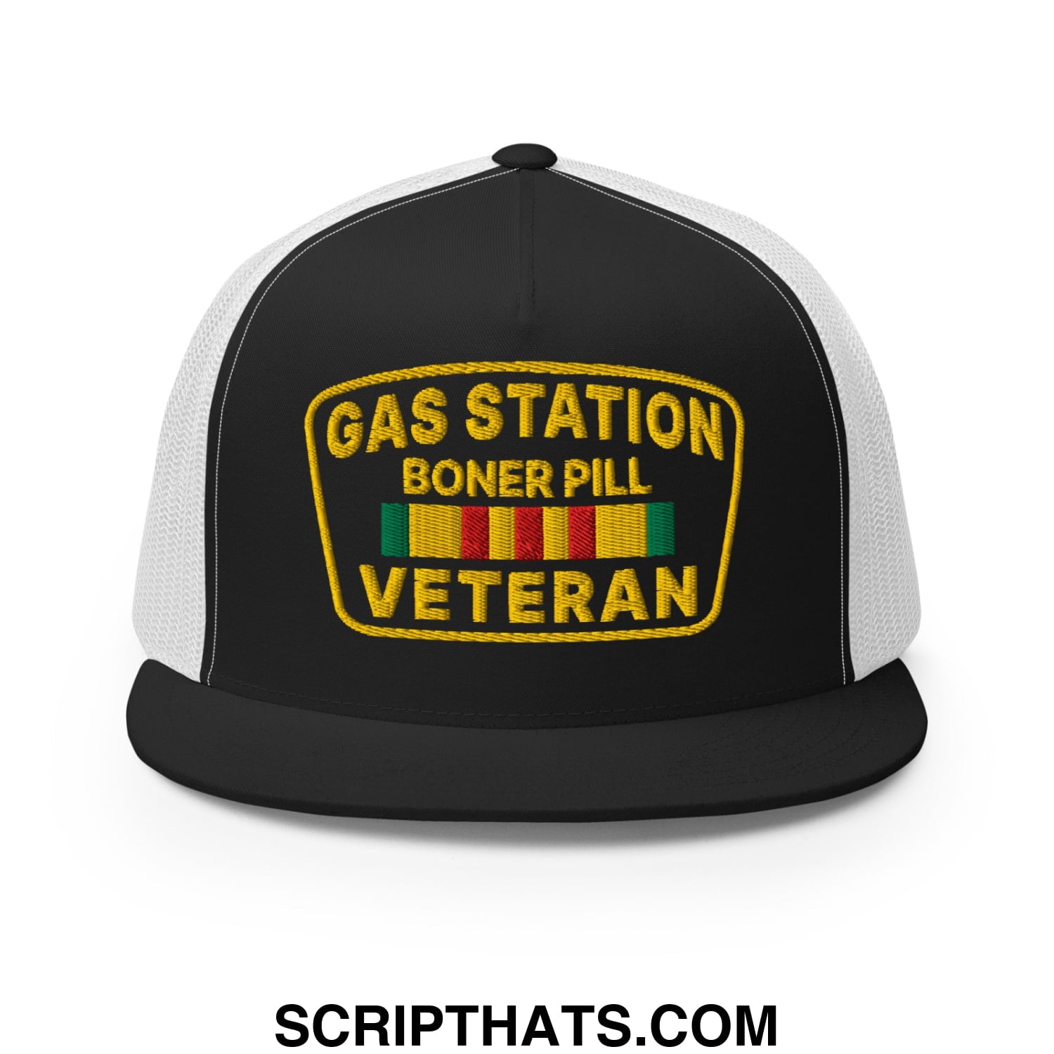 Gas Station Boner Pill Veteran Embroidered Flat Bill Brim Mesh Trucker Hat Black White