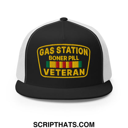 Gas Station Boner Pill Veteran Embroidered Flat Bill Brim Mesh Trucker Hat Black White