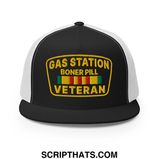 Gas Station Boner Pill Veteran Embroidered Flat Bill Brim Mesh Trucker Hat Black White