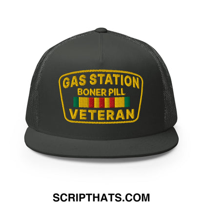 Gas Station Boner Pill Veteran Embroidered Flat Bill Brim Mesh Trucker Hat Charcoal
