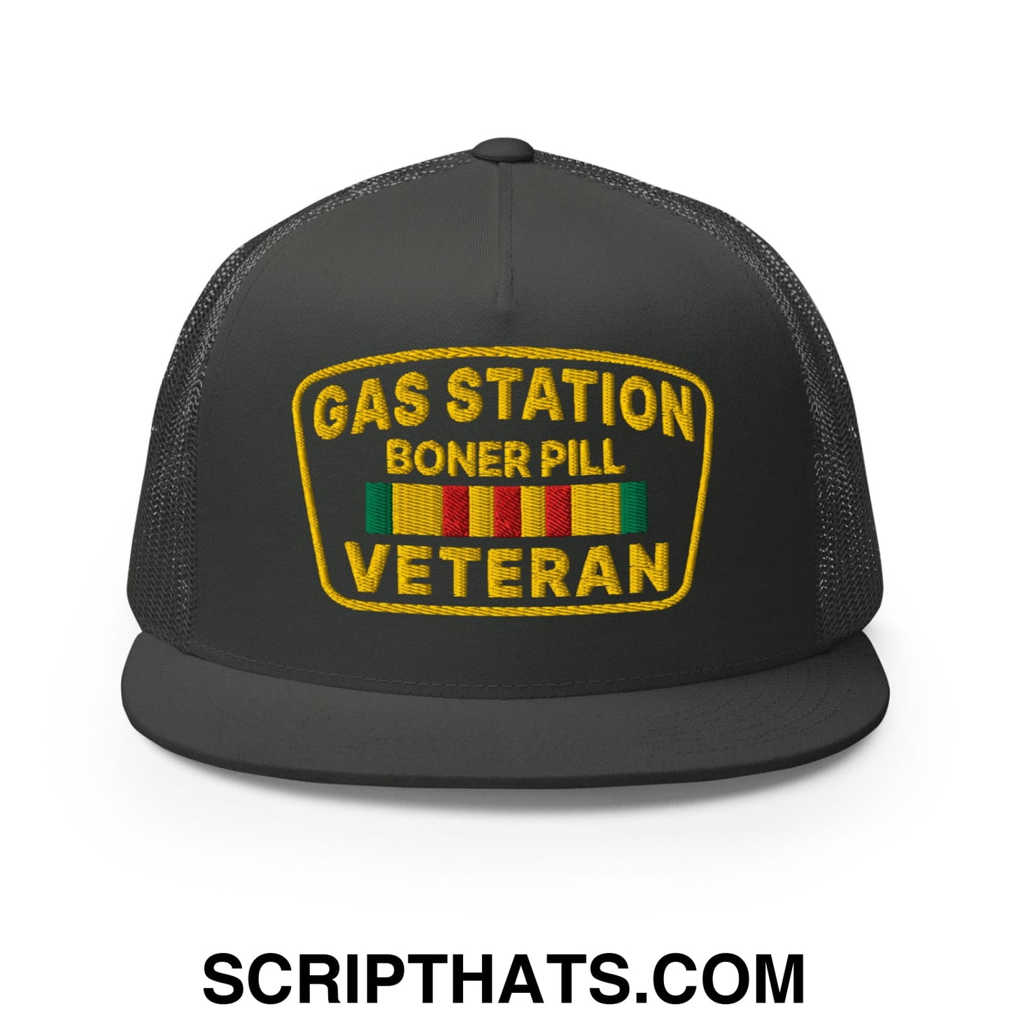 Gas Station Boner Pill Veteran Embroidered Flat Bill Brim Mesh Trucker Hat Charcoal