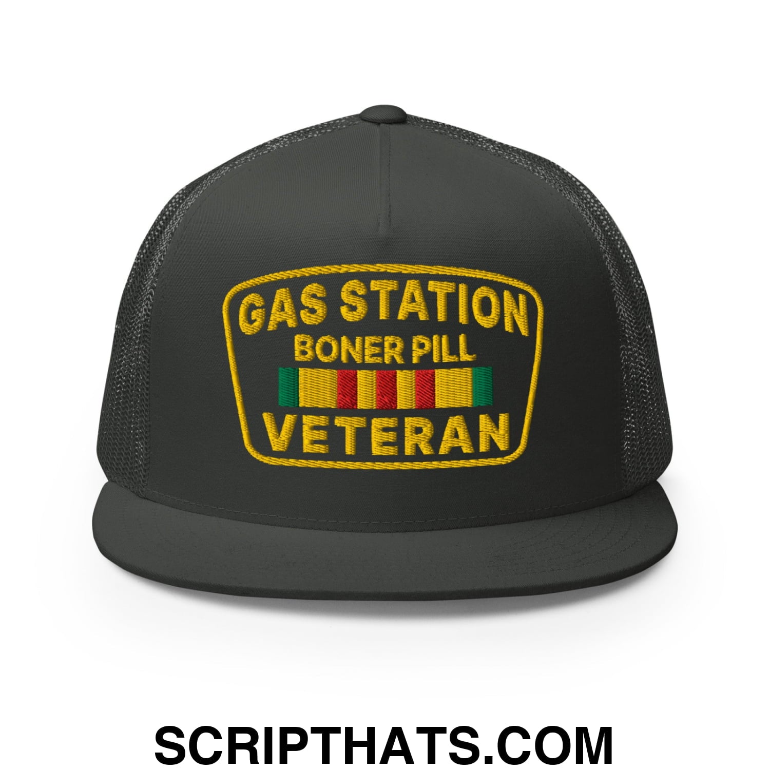 Gas Station Boner Pill Veteran Embroidered Flat Bill Brim Mesh Trucker Hat Charcoal