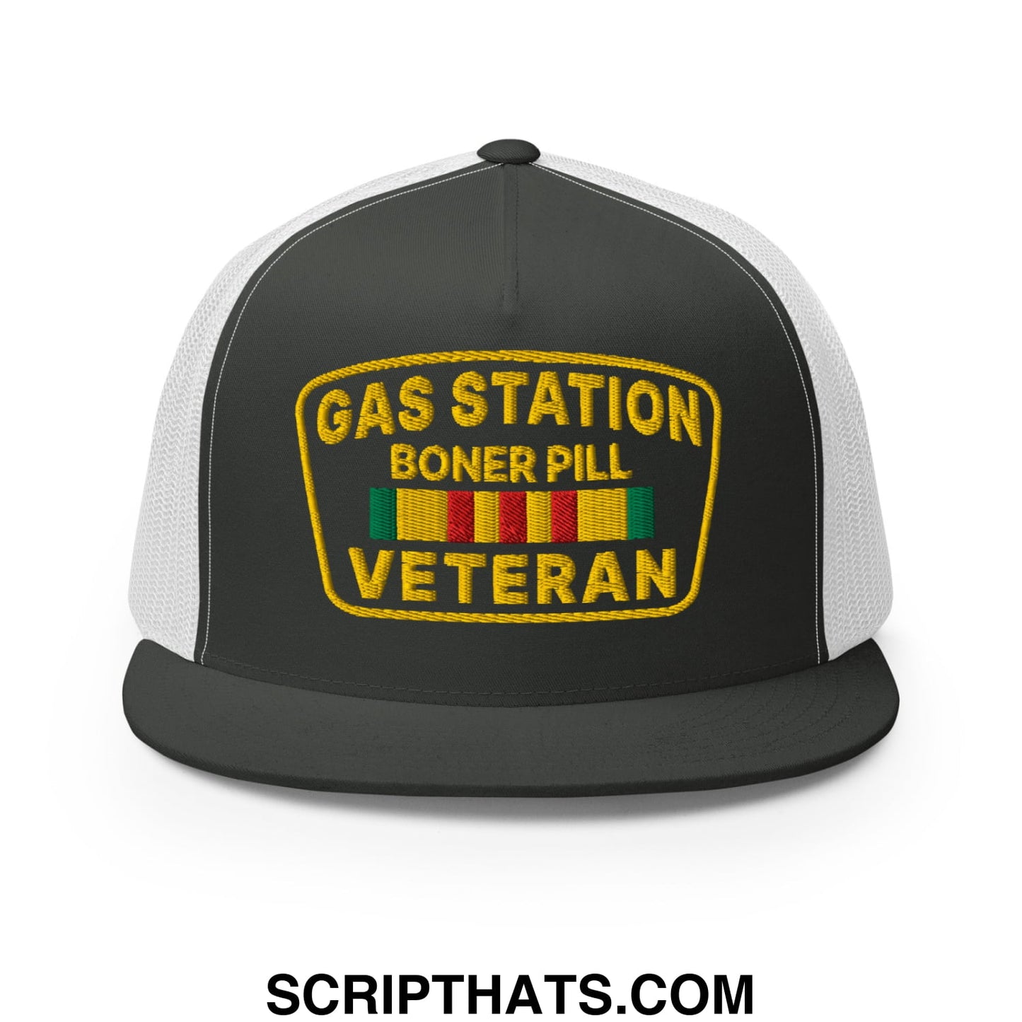Gas Station Boner Pill Veteran Embroidered Flat Bill Brim Mesh Trucker Hat Charcoal White