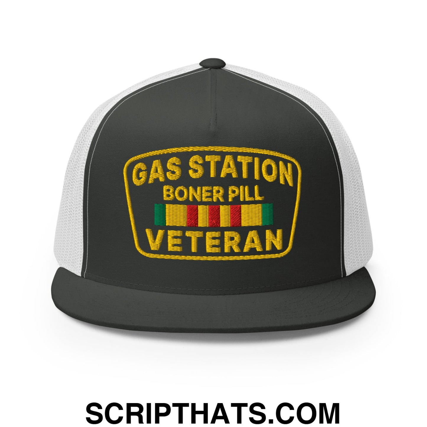 Gas Station Boner Pill Veteran Embroidered Flat Bill Brim Mesh Trucker Hat Charcoal White