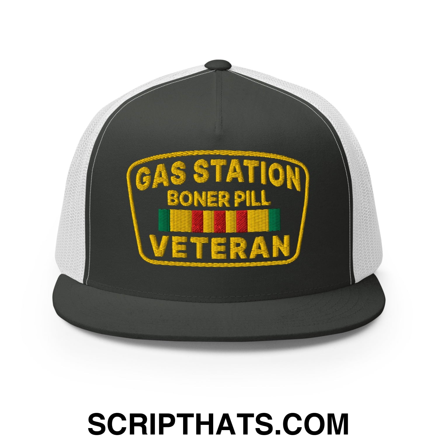 Gas Station Boner Pill Veteran Embroidered Flat Bill Brim Mesh Trucker Hat Charcoal White