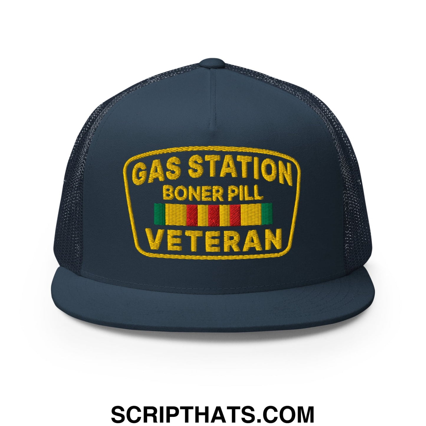 Gas Station Boner Pill Veteran Embroidered Flat Bill Brim Mesh Trucker Hat Navy