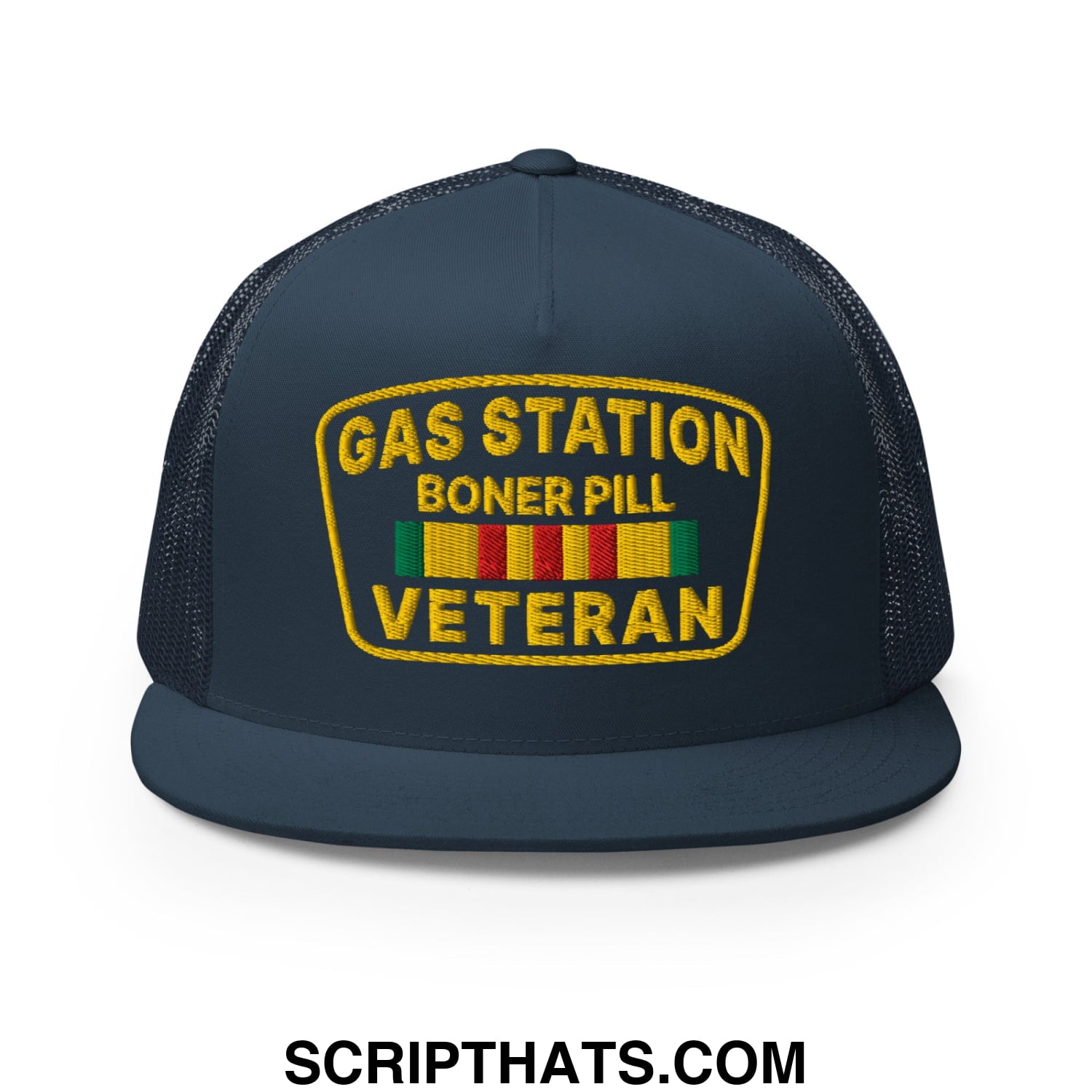 Gas Station Boner Pill Veteran Embroidered Flat Bill Brim Mesh Trucker Hat Navy