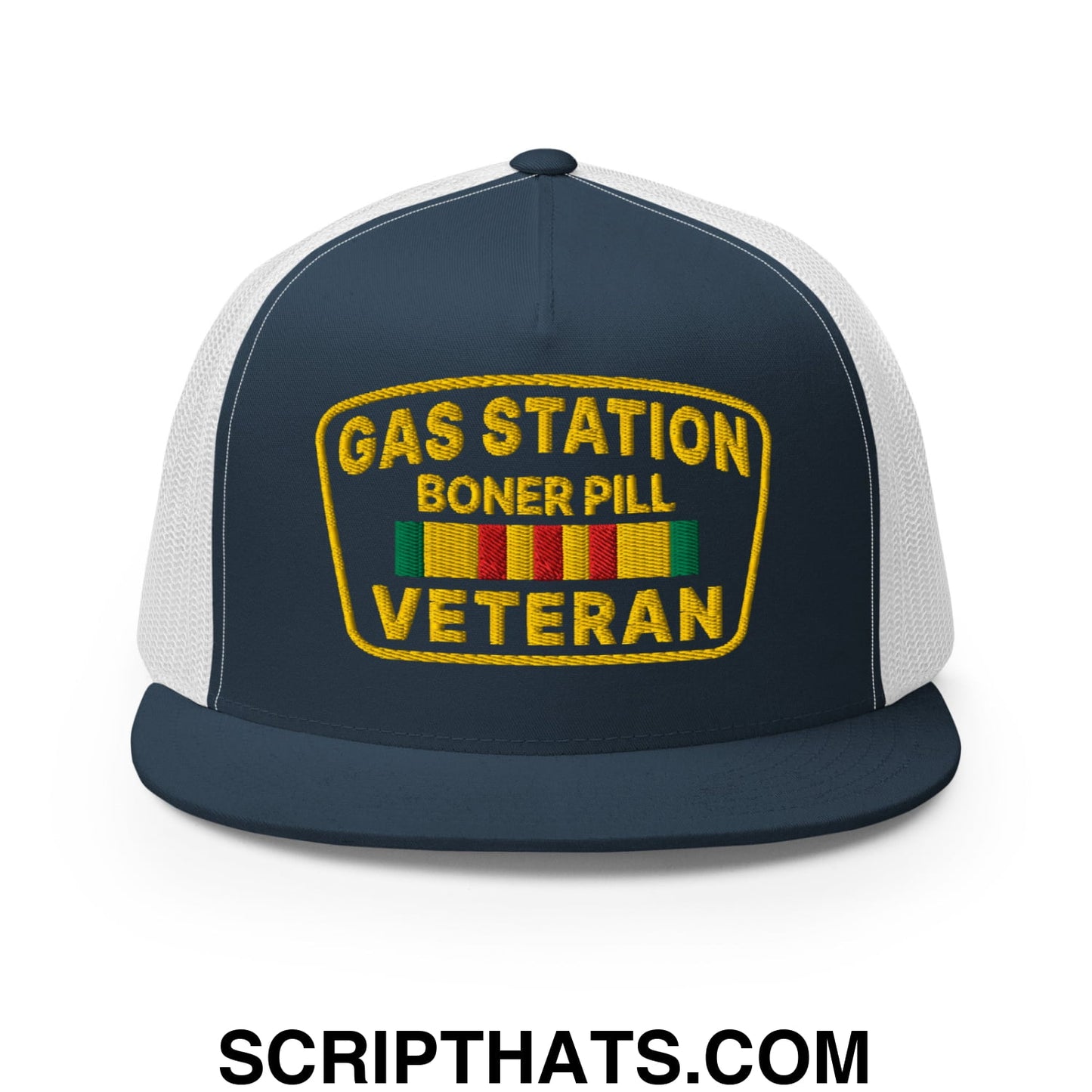 Gas Station Boner Pill Veteran Embroidered Flat Bill Brim Mesh Trucker Hat Navy White