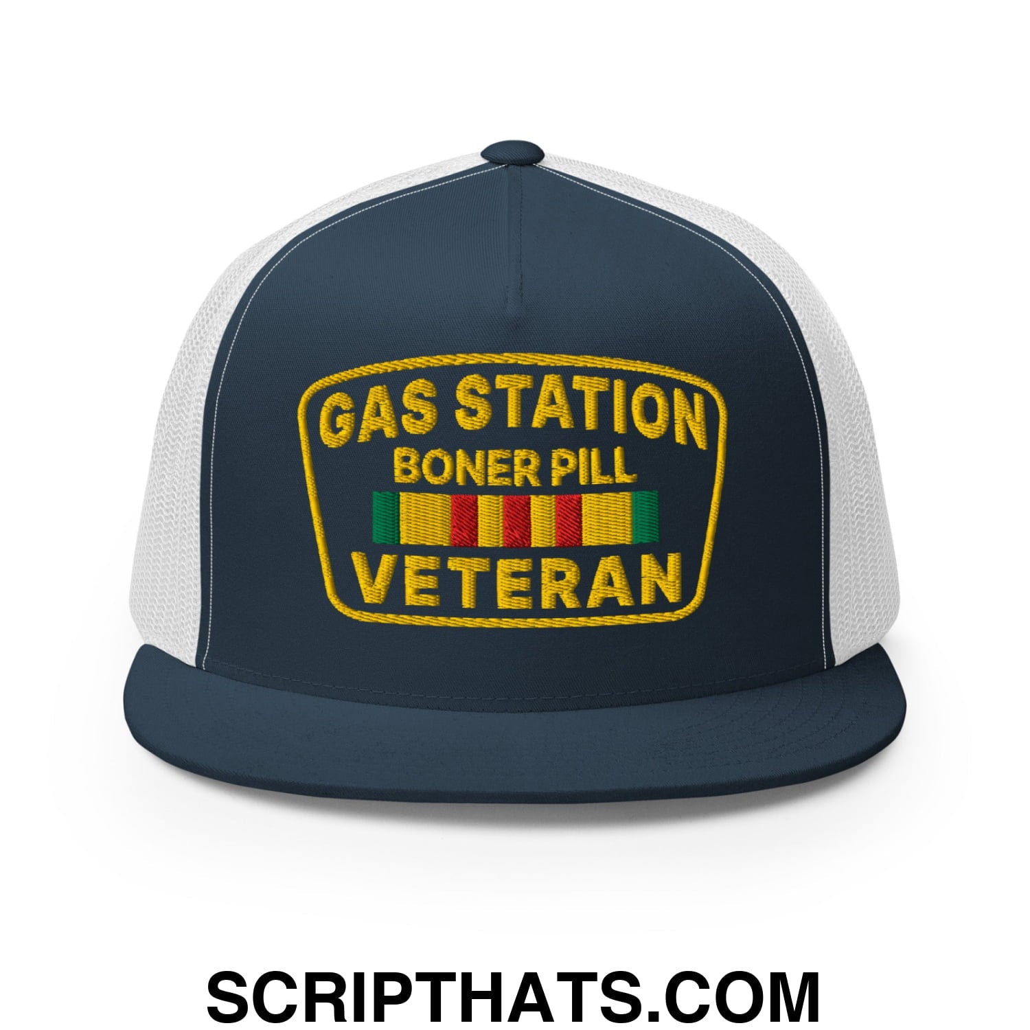 Gas Station Boner Pill Veteran Embroidered Flat Bill Brim Mesh Trucker Hat Navy White
