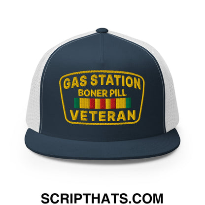 Gas Station Boner Pill Veteran Embroidered Flat Bill Brim Mesh Trucker Hat Navy White