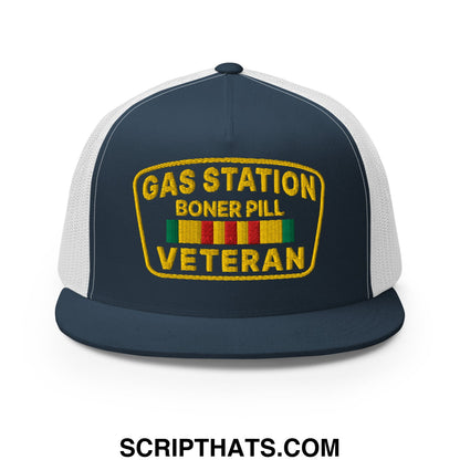 Gas Station Boner Pill Veteran Embroidered Flat Bill Brim Mesh Trucker Hat Navy White