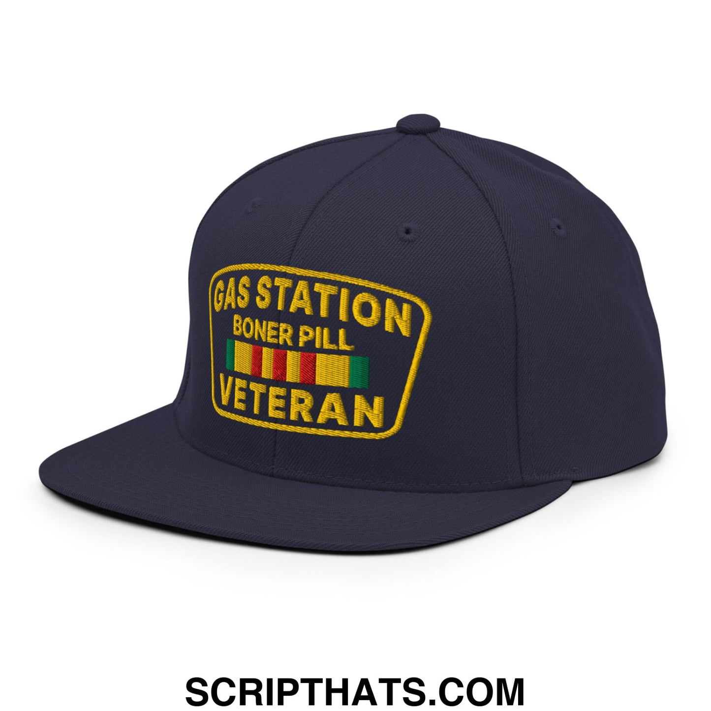 Gas Station Boner Pill Veteran Embroidered Flat Bill Brim Snapback Hat Navy