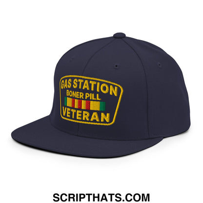 Gas Station Boner Pill Veteran Embroidered Flat Bill Brim Snapback Hat Navy