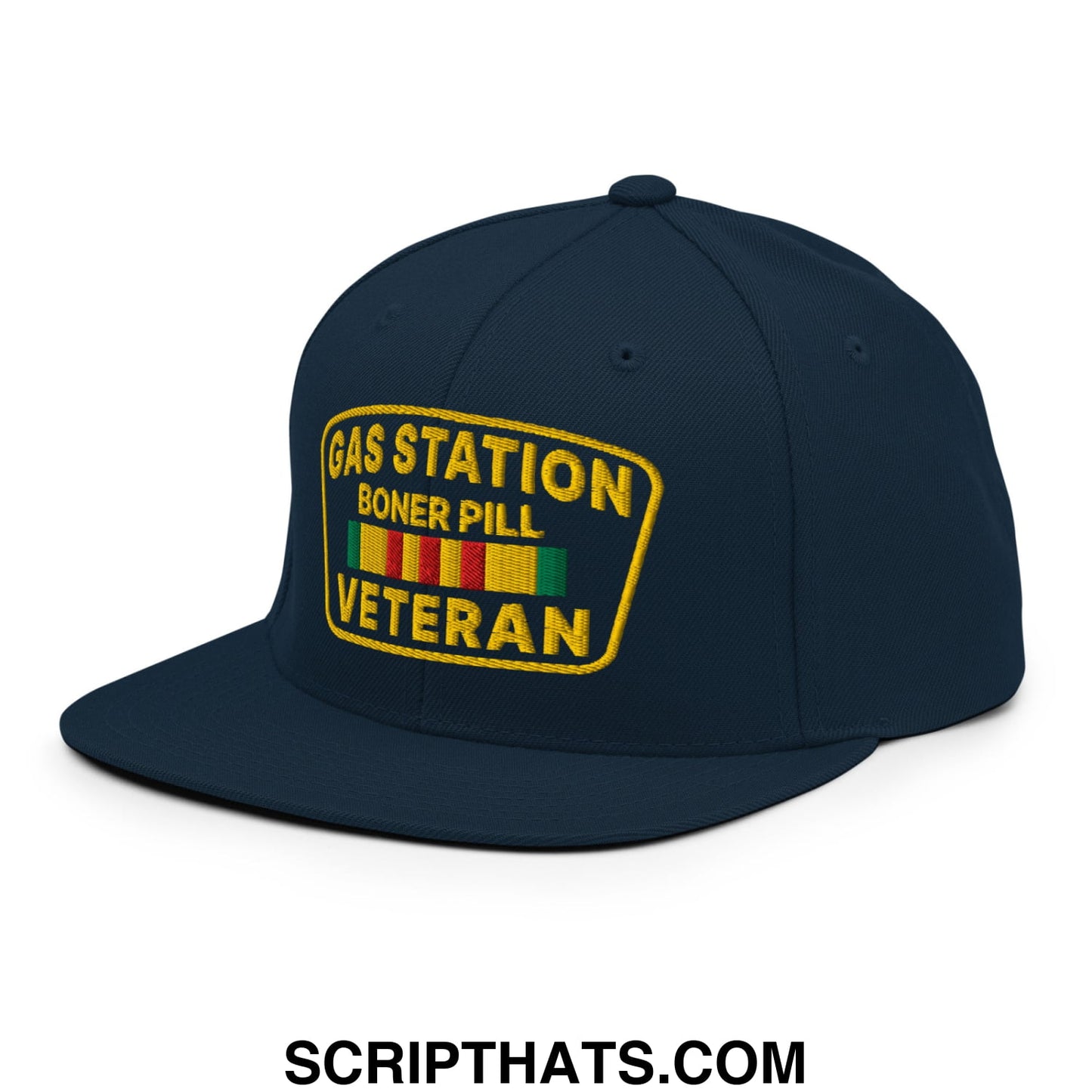 Gas Station Boner Pill Veteran Embroidered Flat Bill Brim Snapback Hat Dark Navy