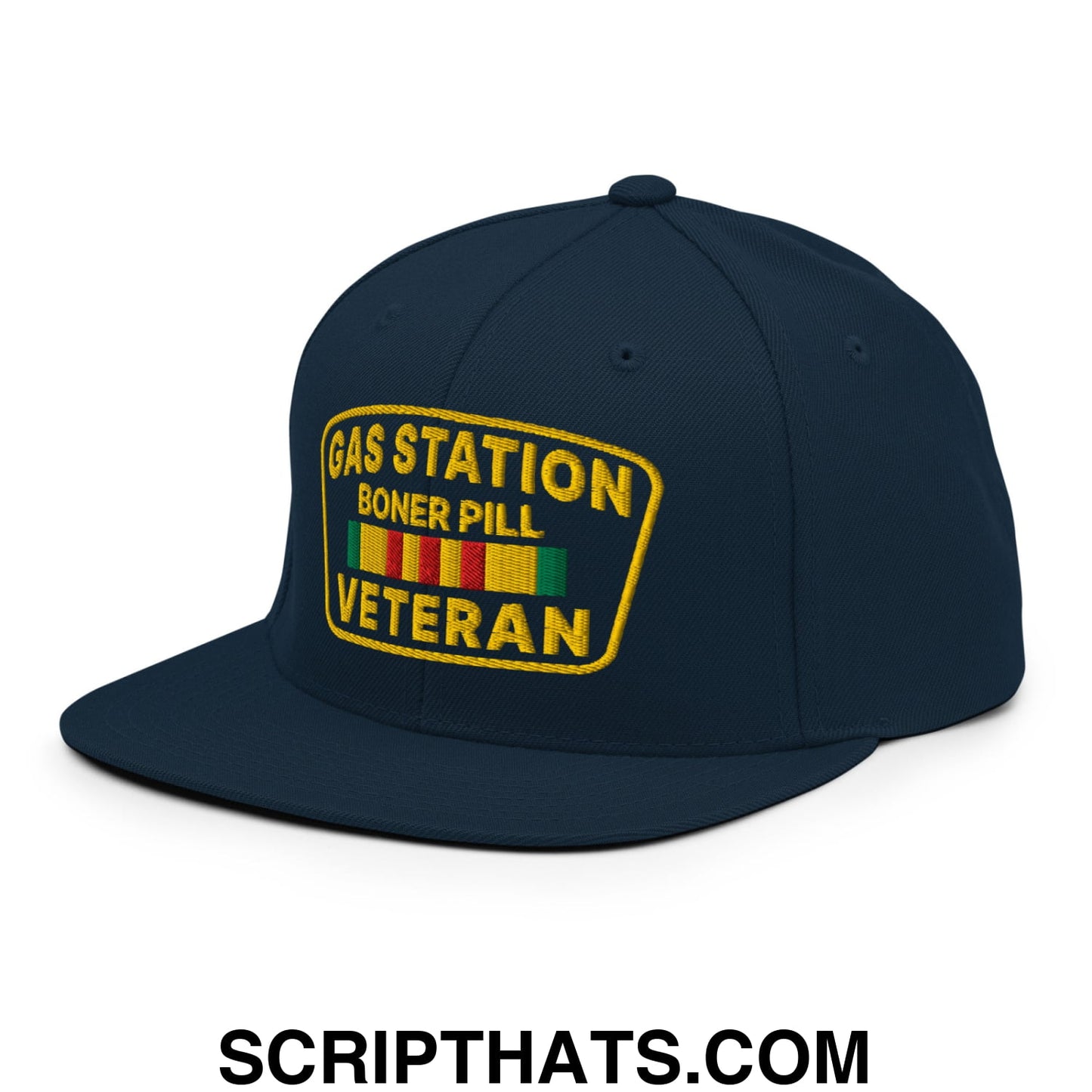 Gas Station Boner Pill Veteran Embroidered Flat Bill Brim Snapback Hat Dark Navy