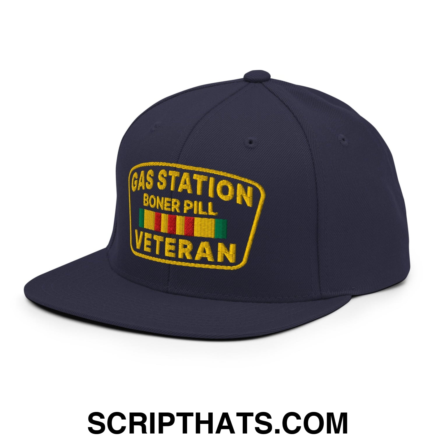 Gas Station Boner Pill Veteran Embroidered Flat Bill Brim Snapback Hat Navy