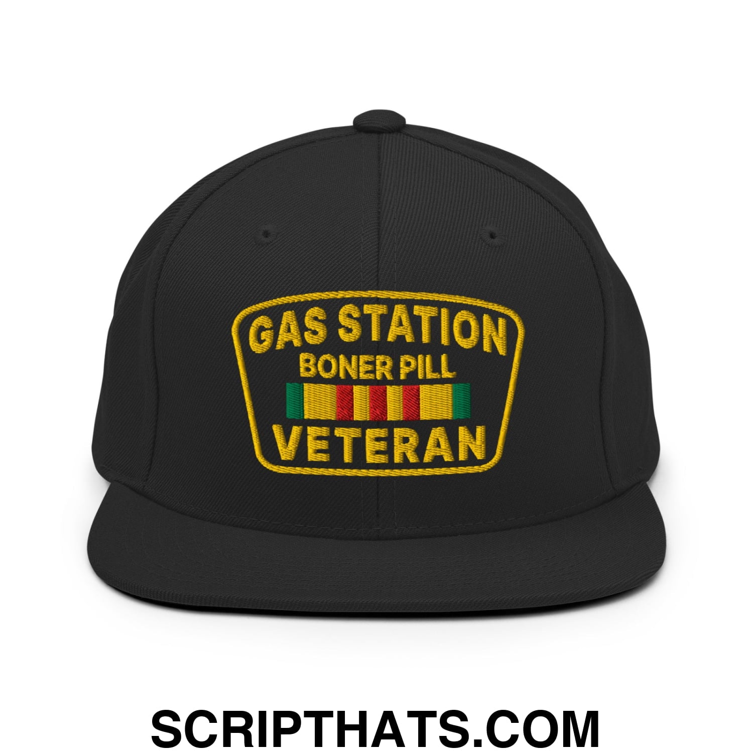 Gas Station Boner Pill Veteran Embroidered Flat Bill Brim Snapback Hat Black
