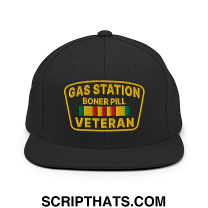 Gas Station Boner Pill Veteran Embroidered Flat Bill Brim Snapback Hat Black