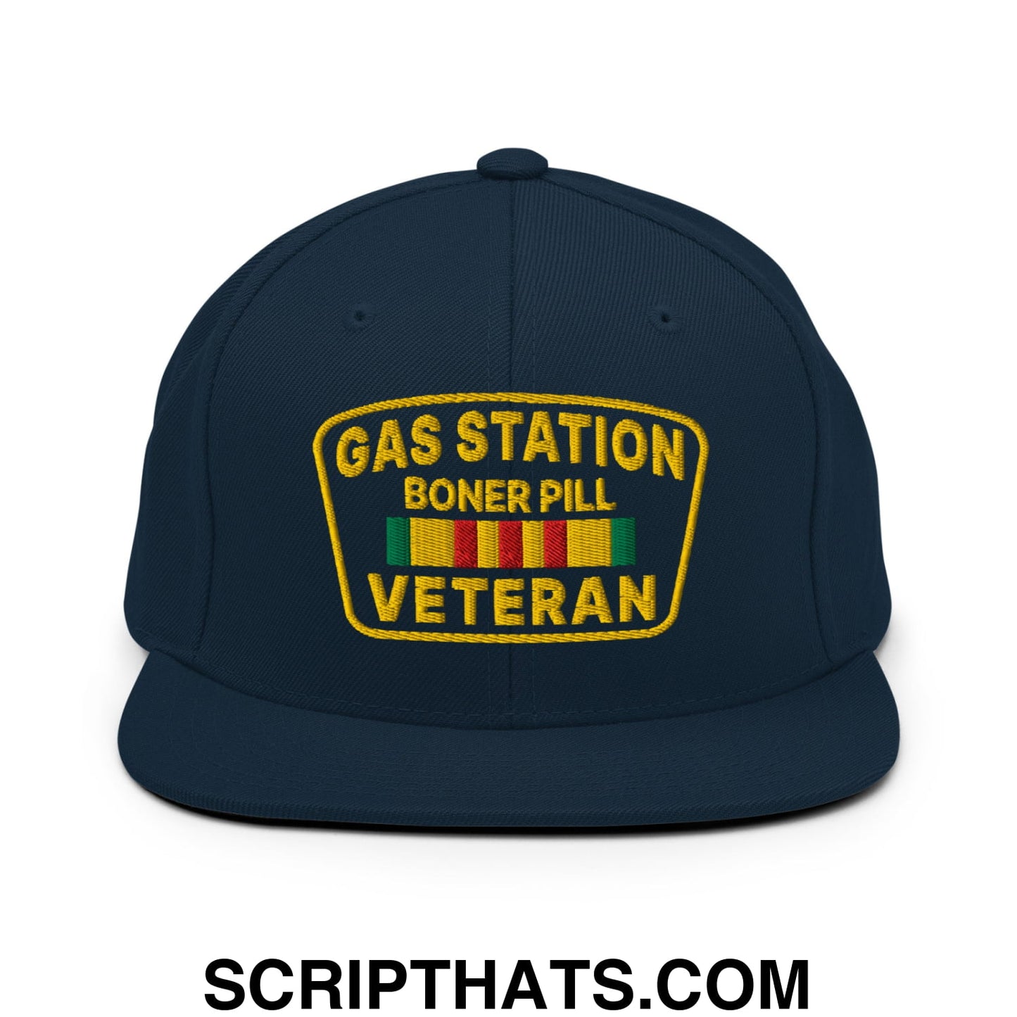 Gas Station Boner Pill Veteran Embroidered Flat Bill Brim Snapback Hat Dark Navy
