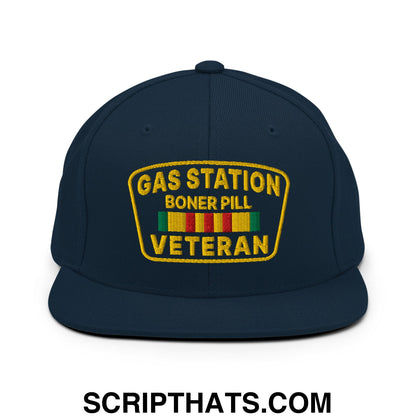 Gas Station Boner Pill Veteran Embroidered Flat Bill Brim Snapback Hat Dark Navy