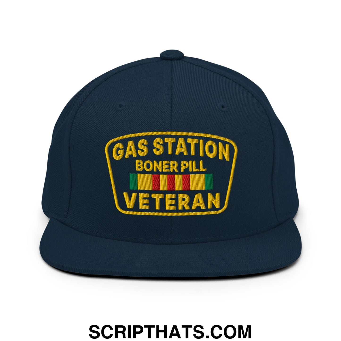 Gas Station Boner Pill Veteran Embroidered Flat Bill Brim Snapback Hat Dark Navy