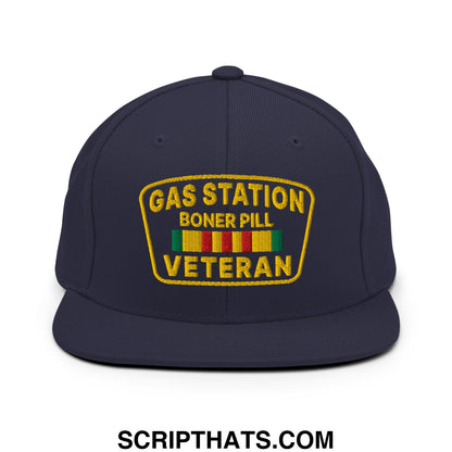 Gas Station Boner Pill Veteran Embroidered Flat Bill Brim Snapback Hat Navy