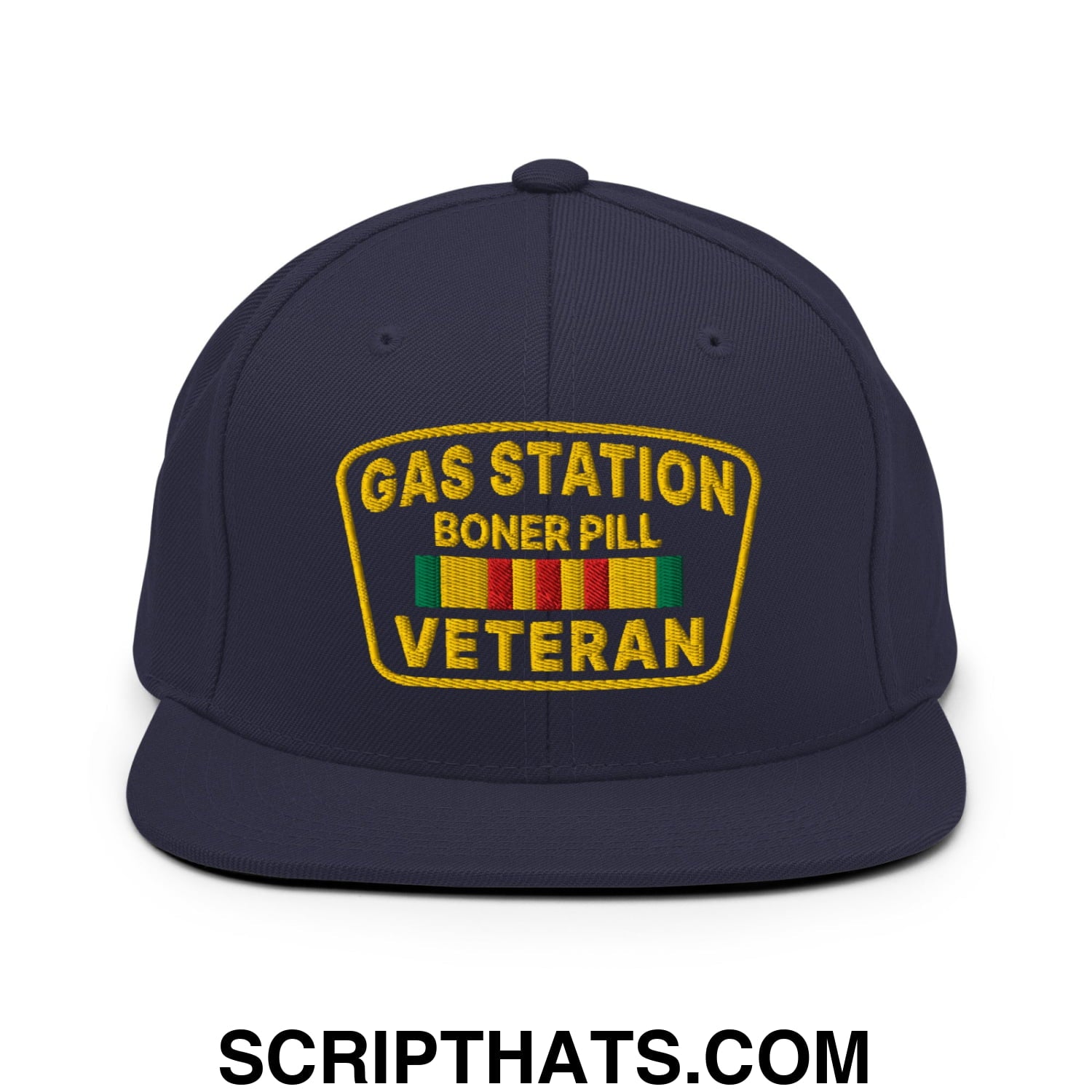 Gas Station Boner Pill Veteran Embroidered Flat Bill Brim Snapback Hat Navy